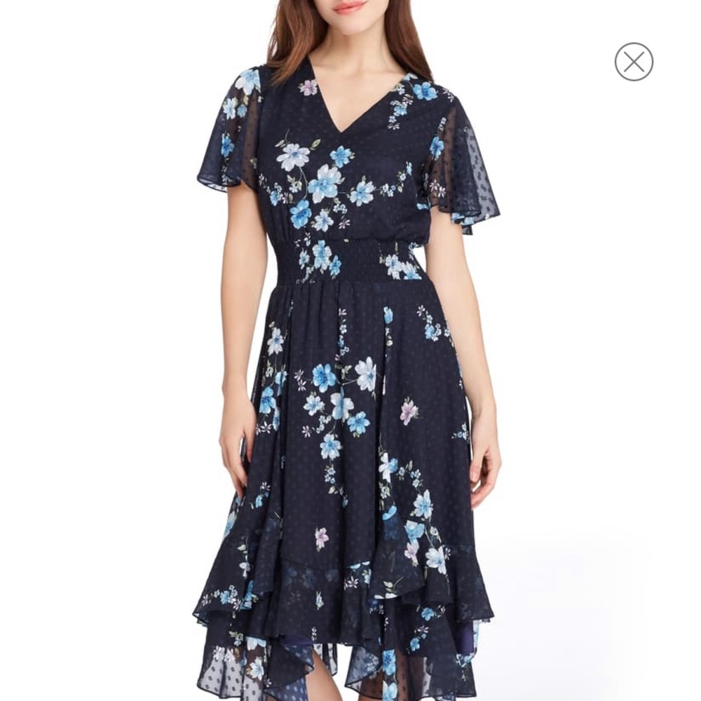Tahari Floral Print Flutter Sleeve Dress